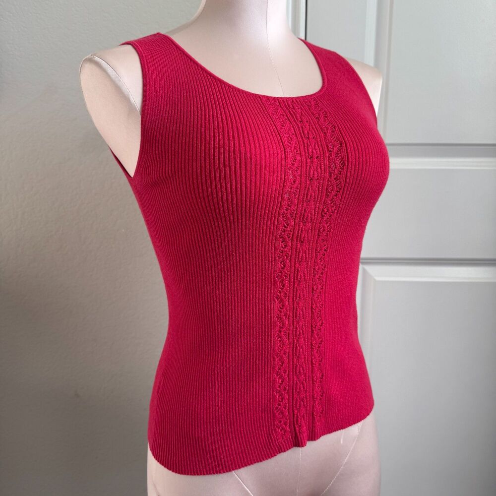 LOFT Red pink Sleeveless Knit Tank Sweater Scoop Neck Crochet Lace Front XS